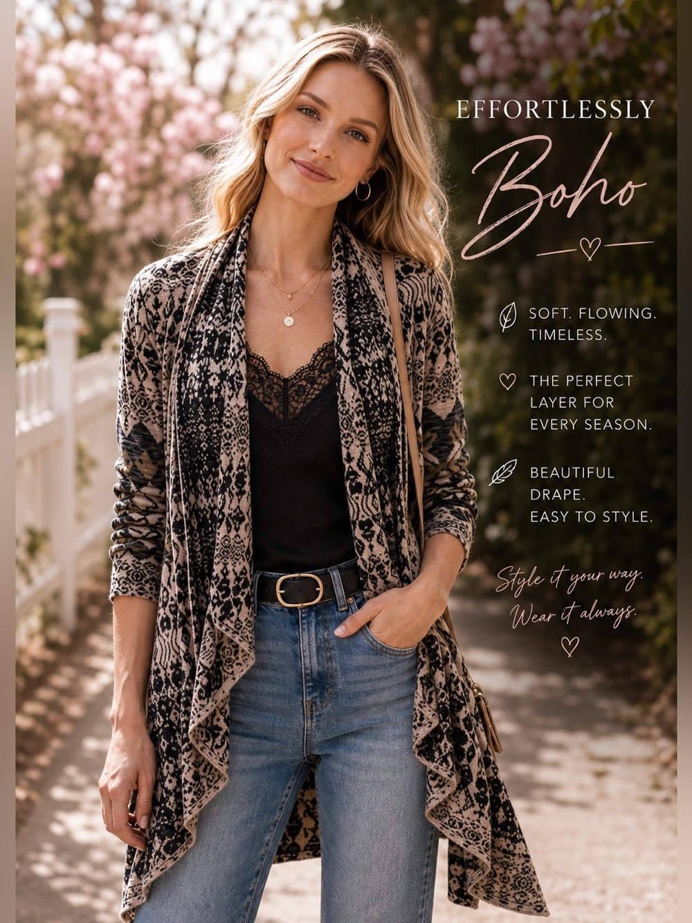 Gypsy 05 Black and Blush  Boho Open-Front Cardigan